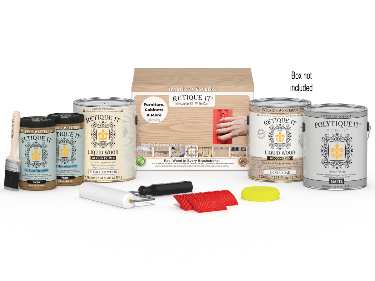 Retique It® Wood'n Kit in White Oak with four large exterior top coat containers, designed for multi-purpose wood finishing.