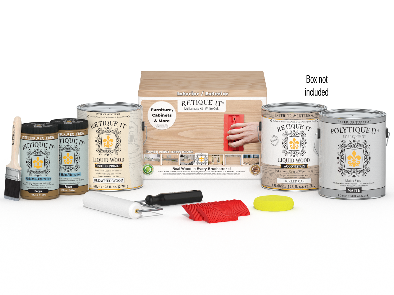 Retique It® Wood'n Finish Kit in Walnut Oak, large size, with wood stain and finishing tools in a box for wood furniture.