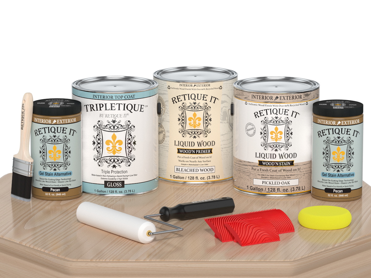 Retique It Wood'n Finish Kit in XL WNK128 WOAK TPLQ with glossy wood finish, displayed on a table surface.
