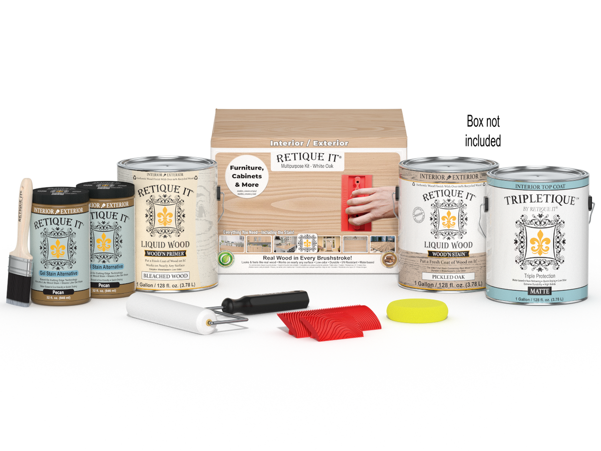 Retique It® Wood'n Finish Kit in WNK128 Oak with tools and supplies for wood finishing and refinishing projects.