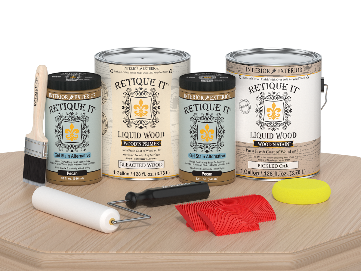 Retique It® Wood'n Finish Kit in white oak for furniture, showing four large bottles of wood finish on a table.