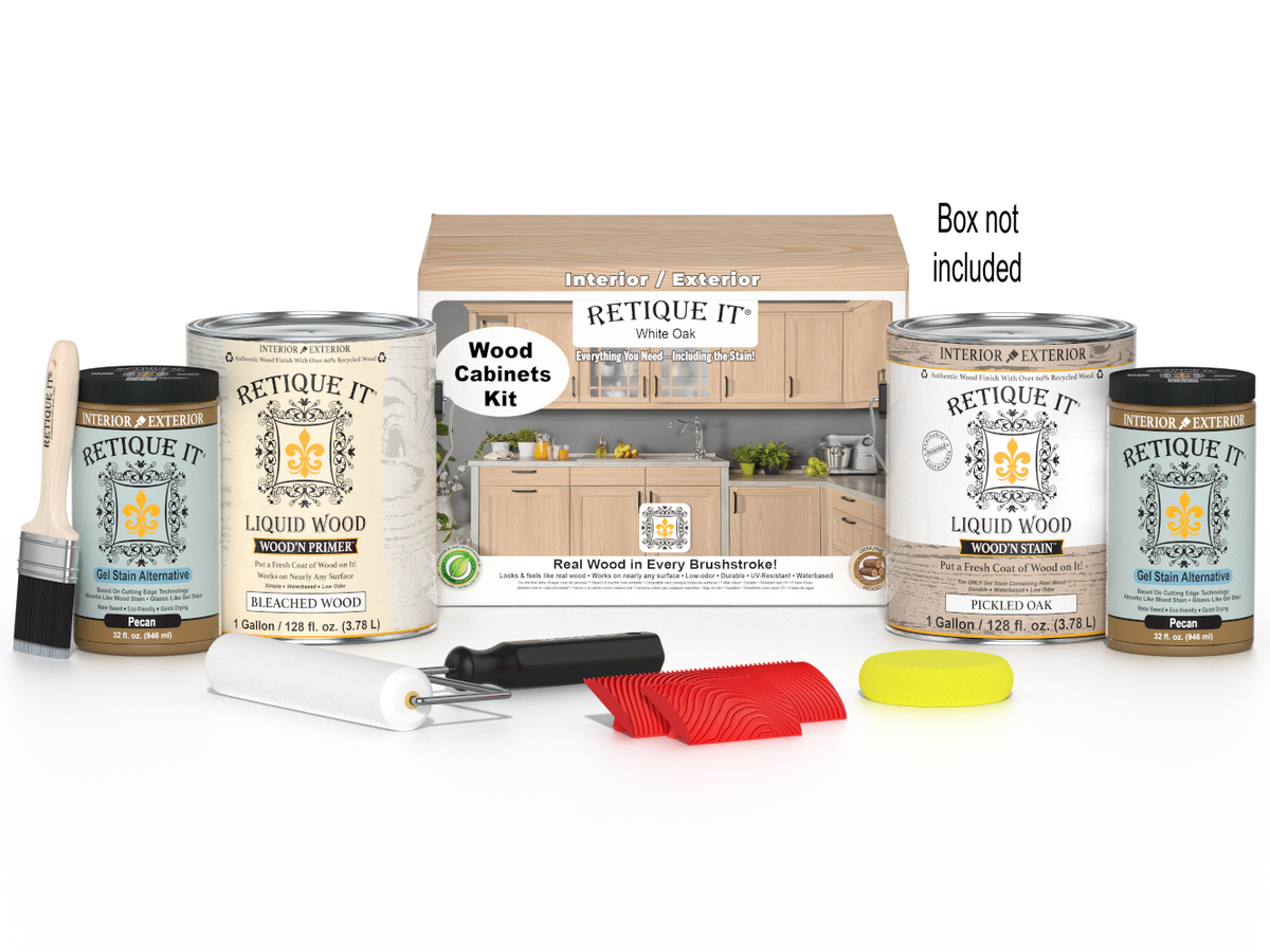 Retique It® Wood'n Cabinet Kit with 48 white oak grained cabinet doors, stain finish, shown in box packaging.