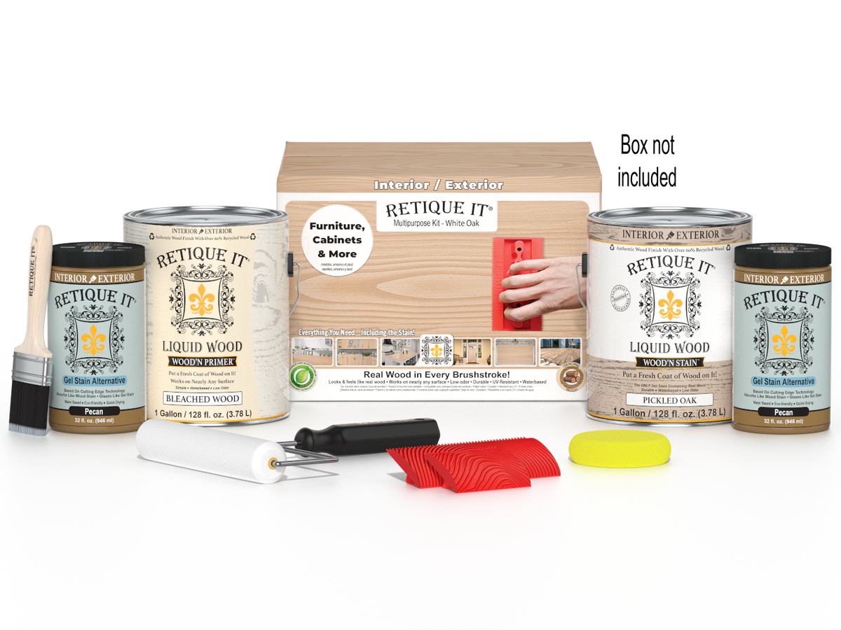 Retique It® Wood'n Finish Kit in white oak with four large bottles, designed for multi-purpose wood finishing projects.