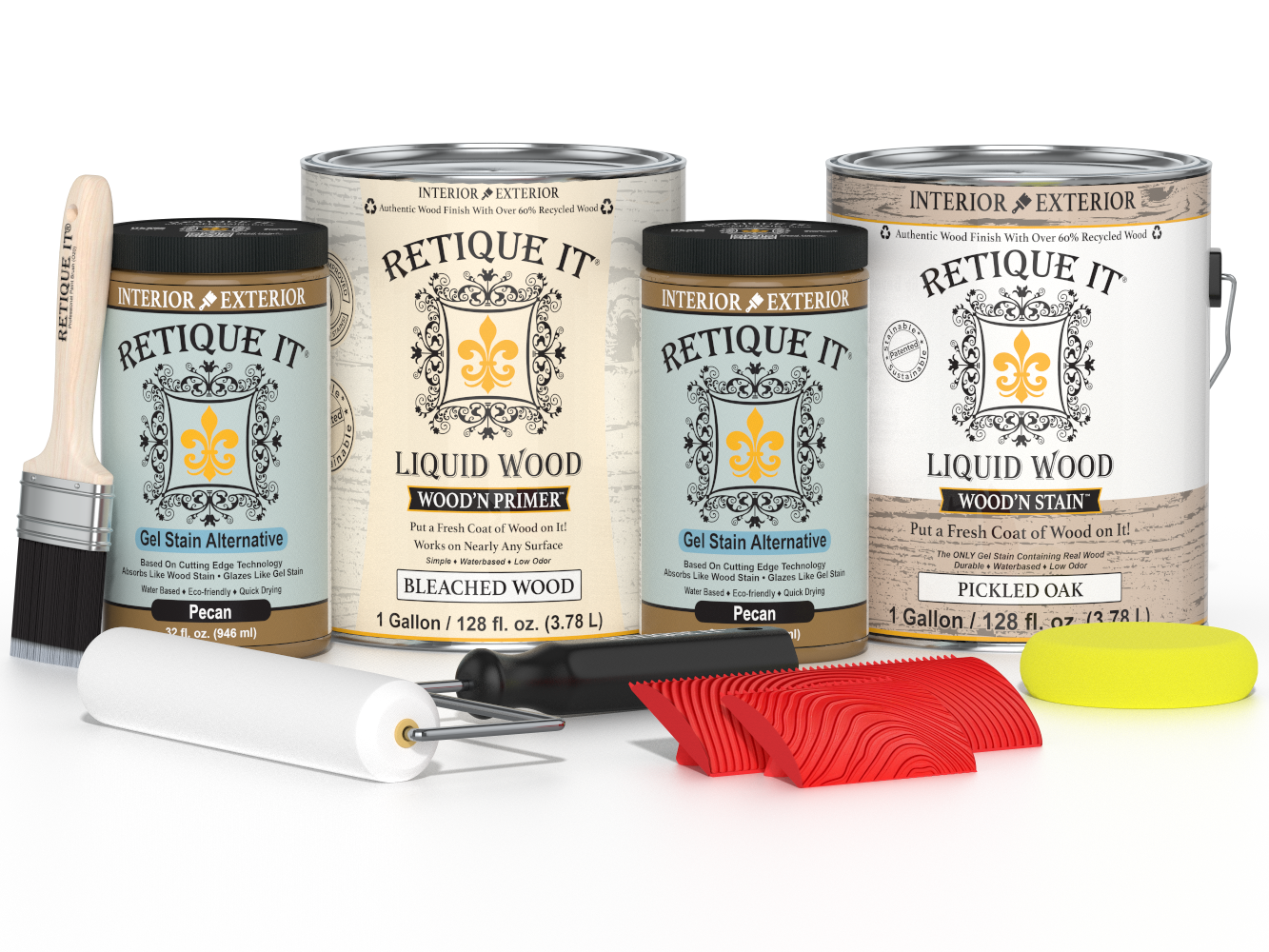 Retique It® Wood'n Finish Kit in white oak, multi-purpose wood finish set with four large bottles of wood stain and finish.