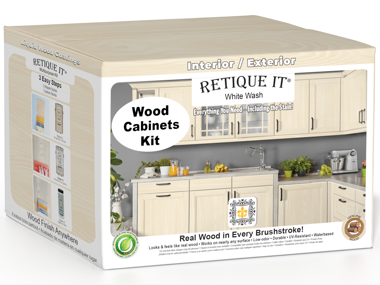 Retique It® Wood'n Cabinet Kit with white wash stain, featuring 48 grained cabinet doors for a rustic, textured finish.