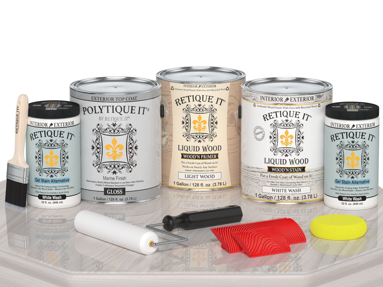 Retique It® Wood'n Finish Kit in white wash with glossy top coat, shown on a table for multi-purpose exterior wood finishing.