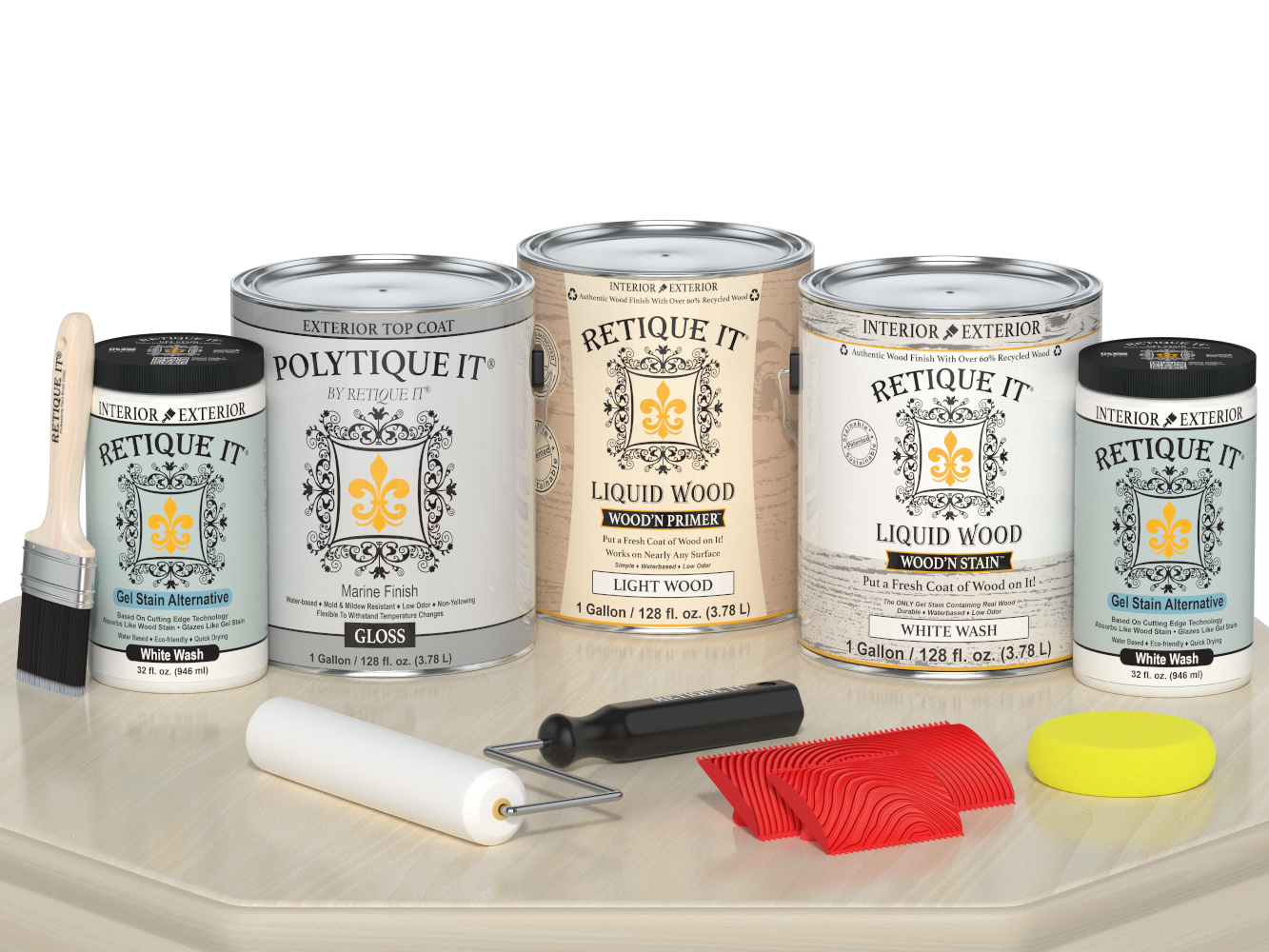 Retique It® Wood'n Finish Kit in White Wash with matte finish, includes four large exterior top coat containers for wood projects.