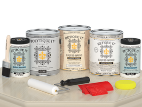 Retique It® Wood'n Finish Kit in White Wash with matte finish, includes four large exterior top coat containers for wood projects.