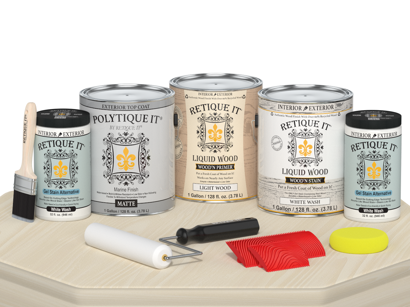 Retique It® Wood'n Finish Kit in white wash, including four large exterior top coat containers with application tools and box.