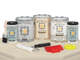 Retique It® Wood'n Finish Kit in white wash, including four large exterior top coat containers with application tools and box.