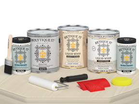Retique It® Wood'n Finish Kit in white wash, including four large exterior top coat containers with application tools and box.