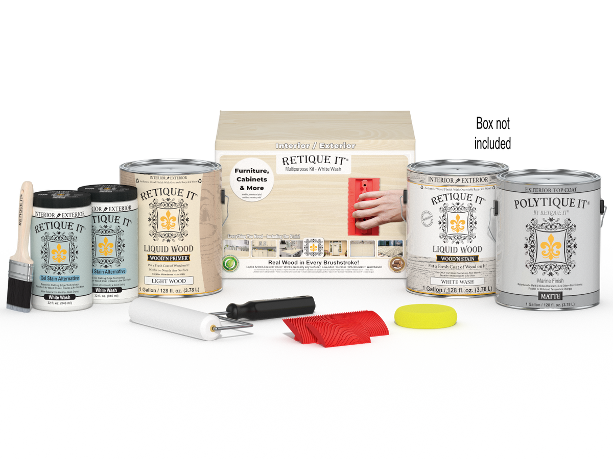 Retique It® Wood'n Finish Kit in White Wash for exterior wood, includes four large top coat containers with applicator brushes.
