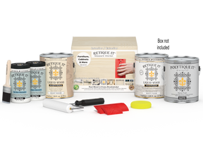 Retique It® Wood'n Finish Kit in white wash, including four large exterior top coat containers with application tools and box.