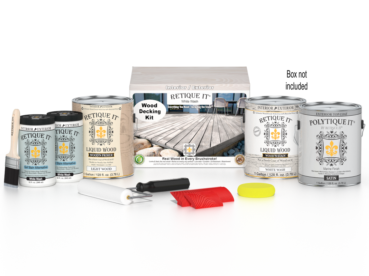 Retique It White Wash decking wood stain kit with stain containers and applicator tools for outdoor decking projects.