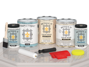 Retique It® Wood'n Kit with four large white wash interior top coats, glossy finish, displayed on a table.