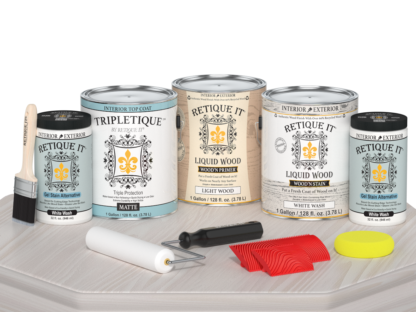 Retique It® Wood'n Finish Kit, large white wash interior top coat with matte finish, shown on a table for multi-purpose wood projects.