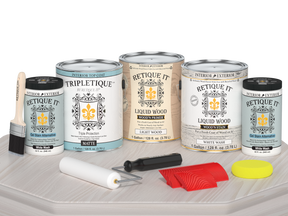 Retique It® Wood'n Finish Kit, large white wash interior top coat with matte finish, shown on a table for multi-purpose wood projects.