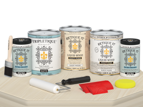 Retique It® Wood'n Finish Kit in White Wash, interior top coat set with four large bottles, matte finish for wood projects.