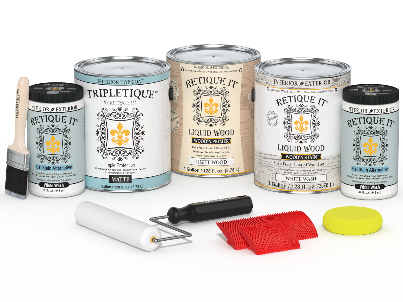 Retique It® Wood'n Finish Kit in White Wash, large size, for interior top coat, showing wood surface with matte finish.