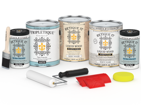 Retique It® Wood'n Finish Kit in White Wash, large size, for interior top coat, showing wood surface with matte finish.