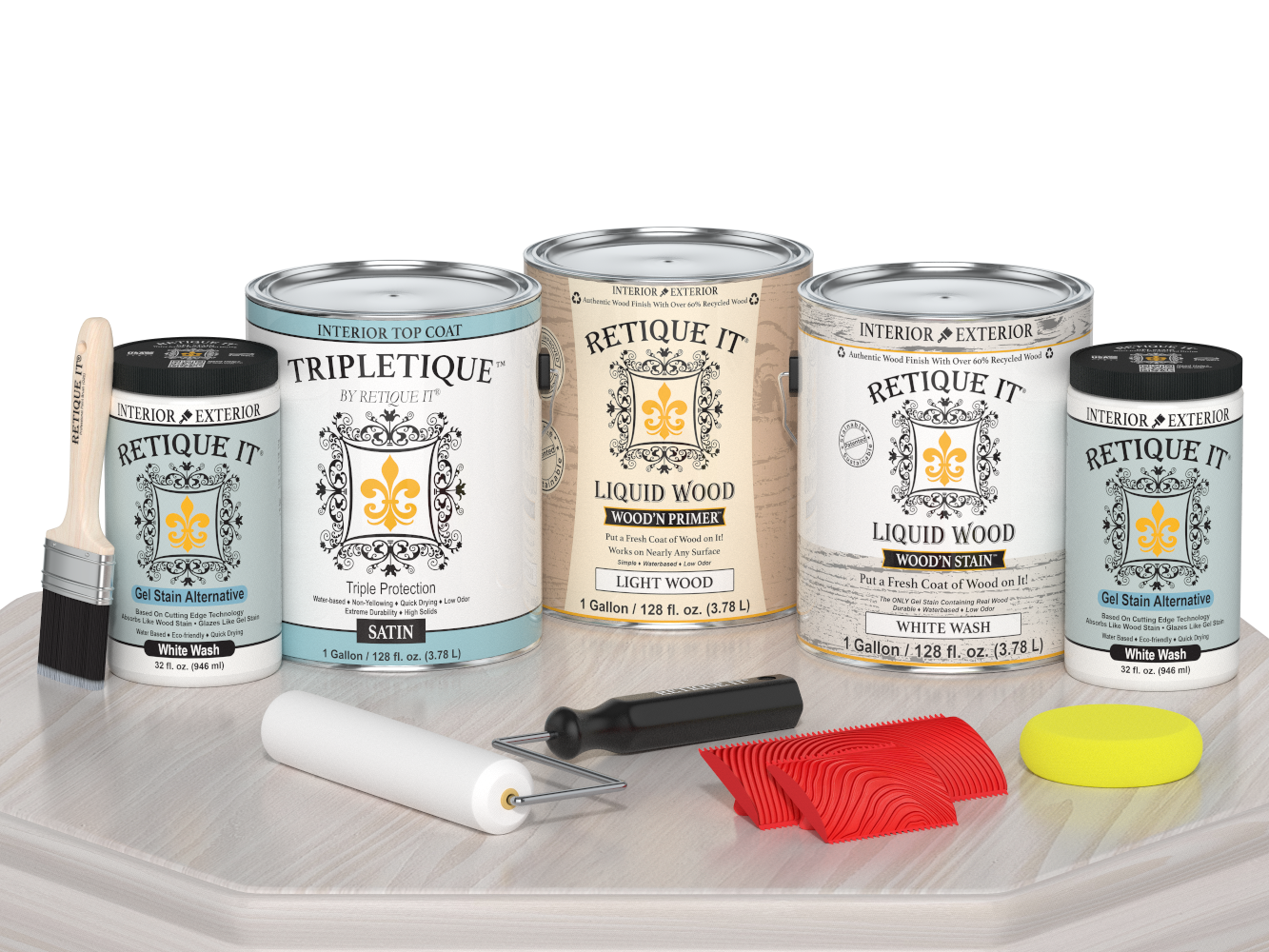 Retique It® Wood'n Finish Kit in white wash with satin interior top coat, featuring four large containers on a table.