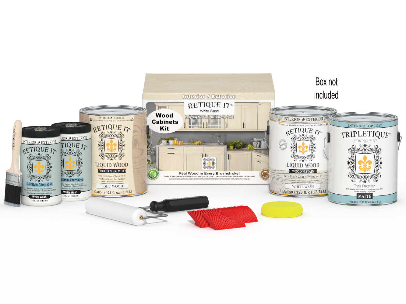 Retique It® Wood'n Cabinet Kit with 48 white wash grained cabinet doors and stain options, showcasing natural wood texture.