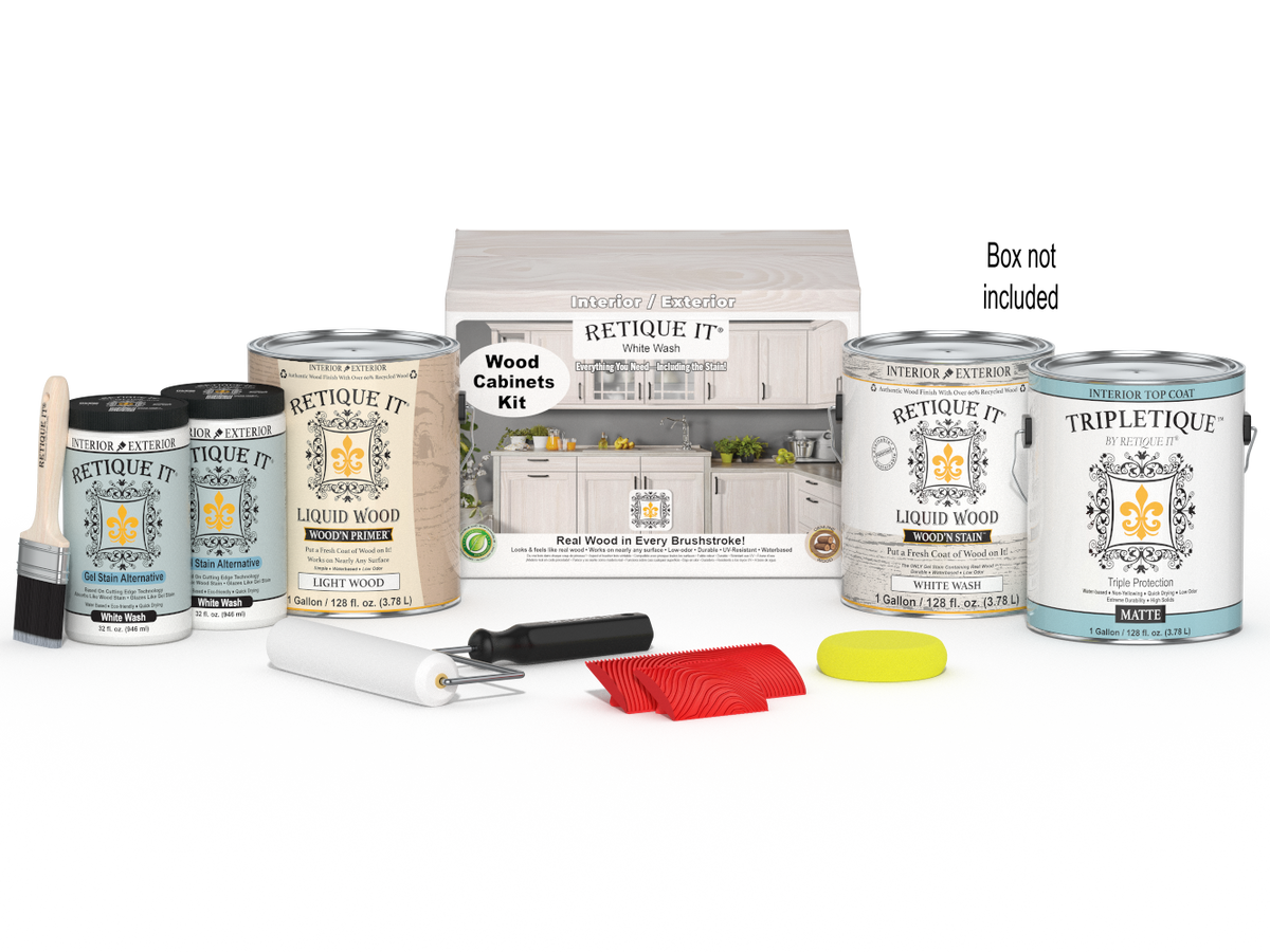 Retique It® Wood'n Cabinet Kit with 48 white wash stained, grained cabinet doors, showing the textured wood grain finish.
