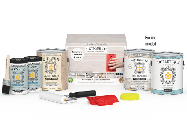 Retique It Wood'n Finish Kit in White Wash with four large interior top coat bottles and applicator box, designed for wood finishing.
