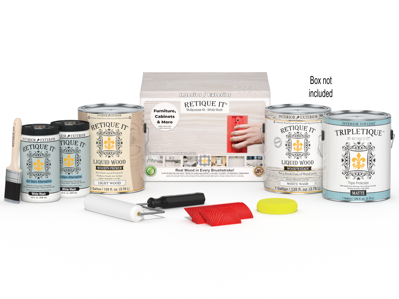 Retique It® Wood'n Finish Kit in White Wash for interior top coat, four large containers with applicator brushes included.