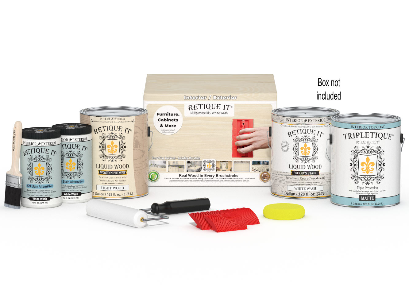 Retique It® Wood'n Finish Kit in White Wash for interior top coat, includes four large wood finish bottles and application box.