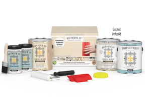 Retique It® Wood'n Finish Kit in White Wash for interior top coat, includes four large wood finish bottles and application box.