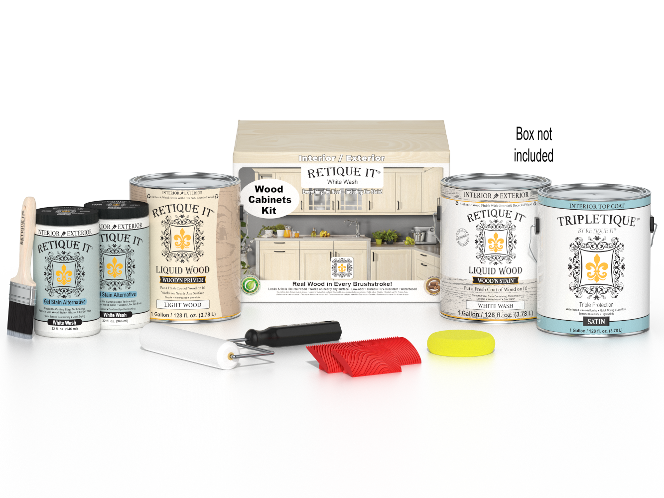 Retique It® Wood'n Cabinet Kit with 48 white wash grained cabinet doors, stain kit for wood furniture and cabinets.