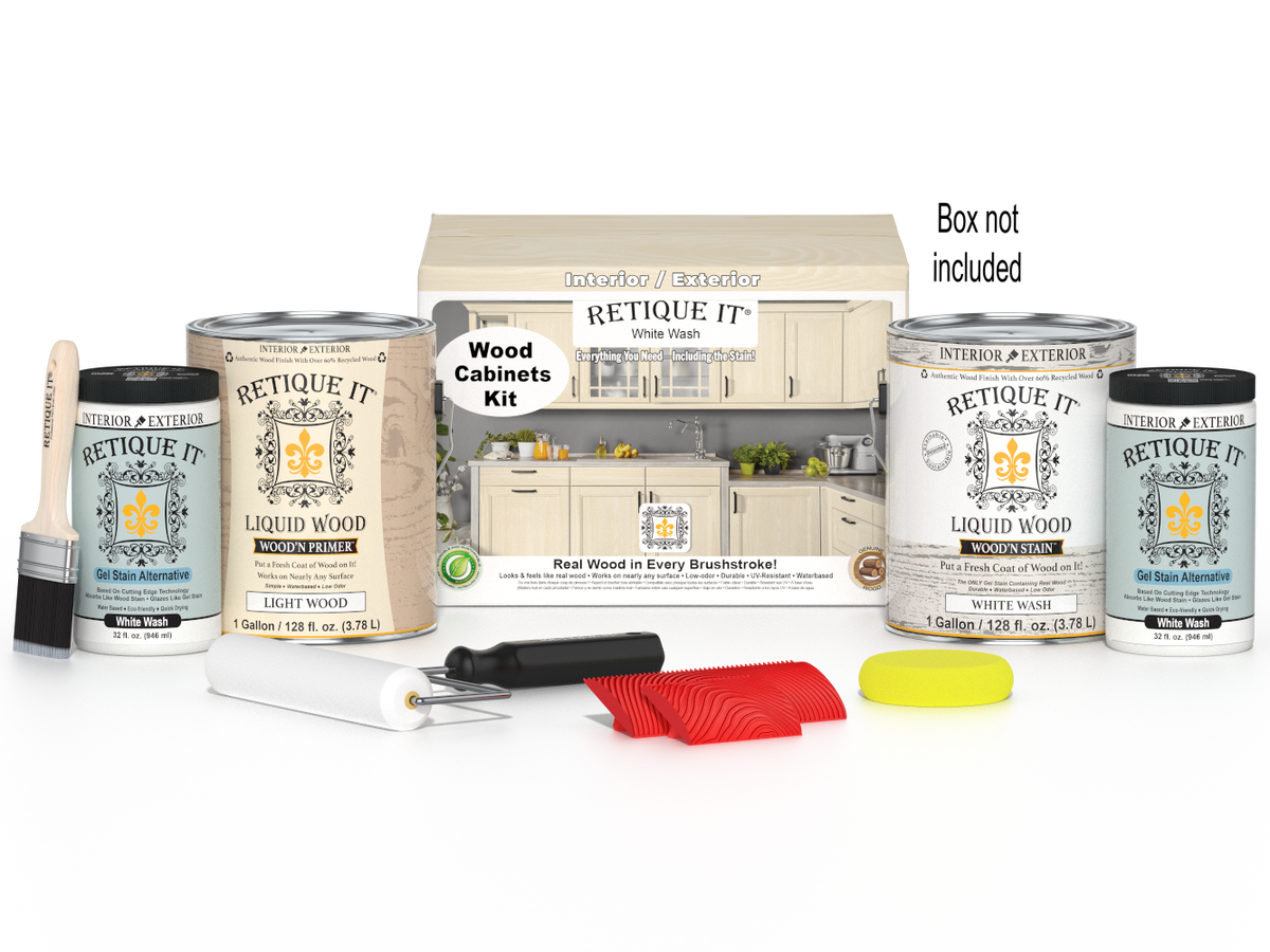 Retique It® Wood'n Cabinet Kit with 48 white wash stained, grained cabinet doors for a stylish kitchen update.