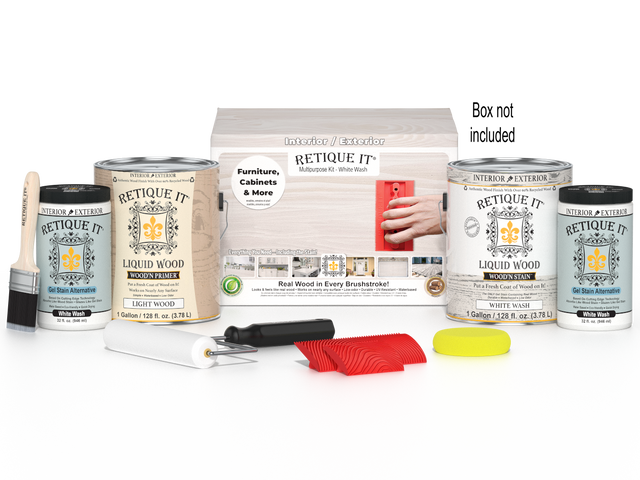 Retique It Wood'n Finish Kit in white wash, multi-purpose wood finishing kit with four large containers, ideal for furniture projects.