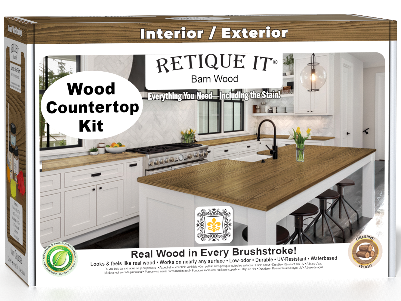 Retique It® barn wood stain kit for kitchen island countertops, featuring a wooden box with stain samples and application tools.