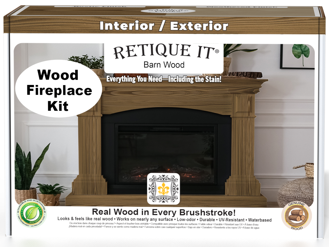 Retique It® Fireplace Wood'n Finish Kit for full fireplace in modern walnut stain, showing wood stain application on fireplace surface.