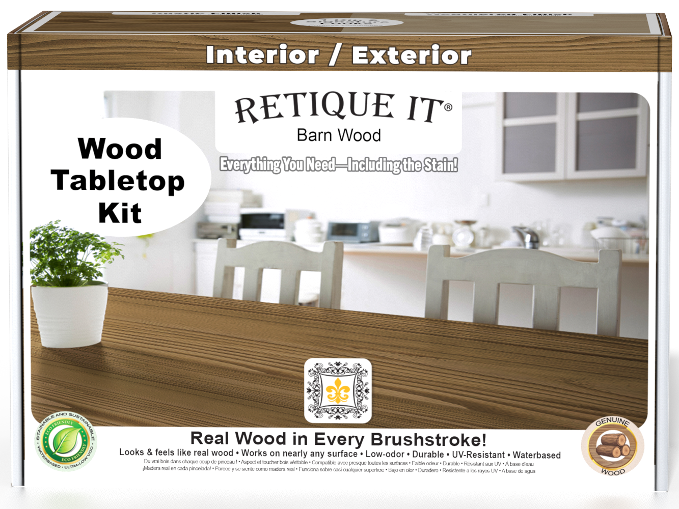 Double size Walnut wood stain kit from Retique It® for tabletops, featuring wood finish samples and application tools.