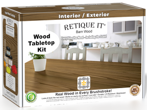 Retique It Wood'n Finish Kit for tabletops in Barn Wood stain, featuring wood stain bottles and application tools.