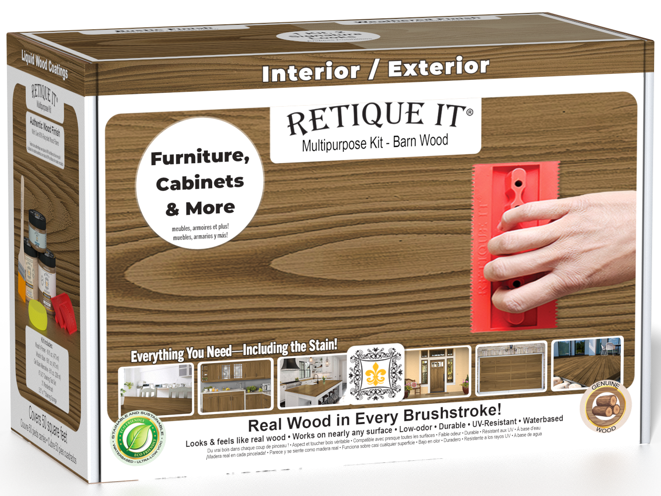 Retique It® Wood'n Finish Kit in barn wood, medium size, featuring wood finish and application tools in a sturdy box.
