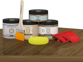 Retique It® Wood'n Kit in Barn Wood finish, showing a multi-purpose exterior topcoat kit with wood stain and finishing supplies on a table.