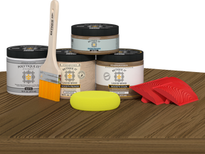 Retique It® Wood'n Kit (Med) barn wood exterior topcoat with brushes and applicator on table for multi-purpose wood finishing.