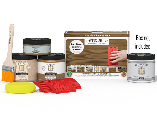 Multi-purpose Wood'n Kit in Barn Wood finish by Retique It, includes exterior topcoat and application tools in a box.