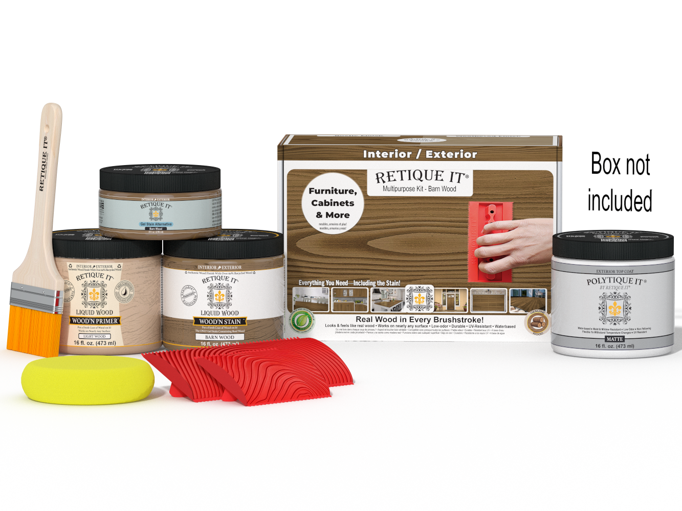 Retique It® Wood'n Kit (Med) in barn wood finish for exterior topcoat, includes brushes and tools for wood finishing projects.