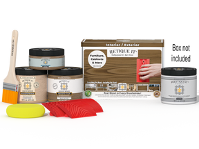 Retique It® Wood'n Kit (Med) in barn wood finish for exterior topcoat, includes brushes and tools for wood finishing projects.