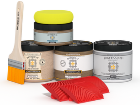 Retique It® Wood'n Kit (Med) in Barn Wood finish with exterior topcoat, featuring wood stain and sealing components for outdoor projects.