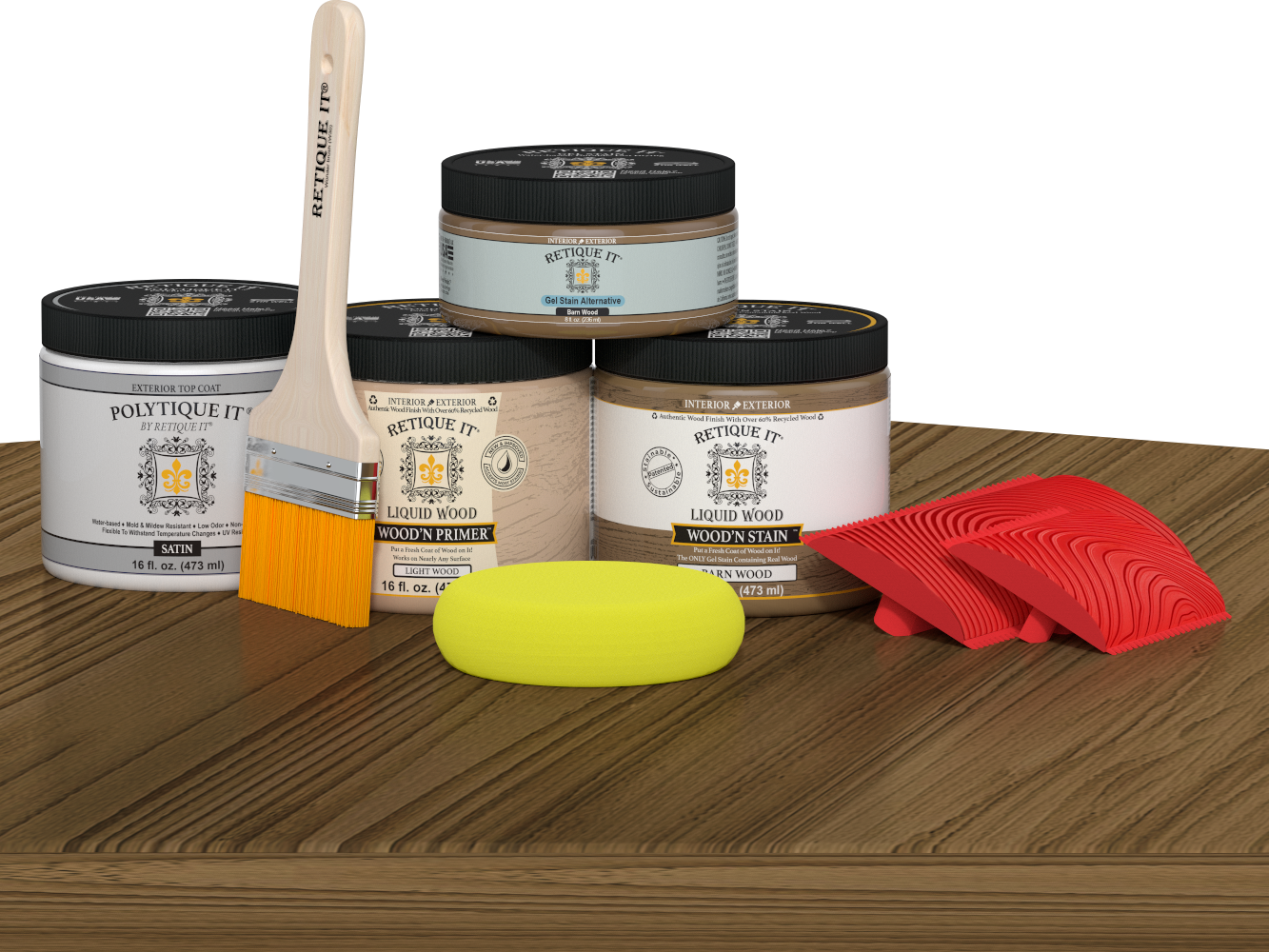 Retique It® Multi-purpose Wood'n Kit (Med) in barn wood finish with exterior topcoat, displayed on a table.
