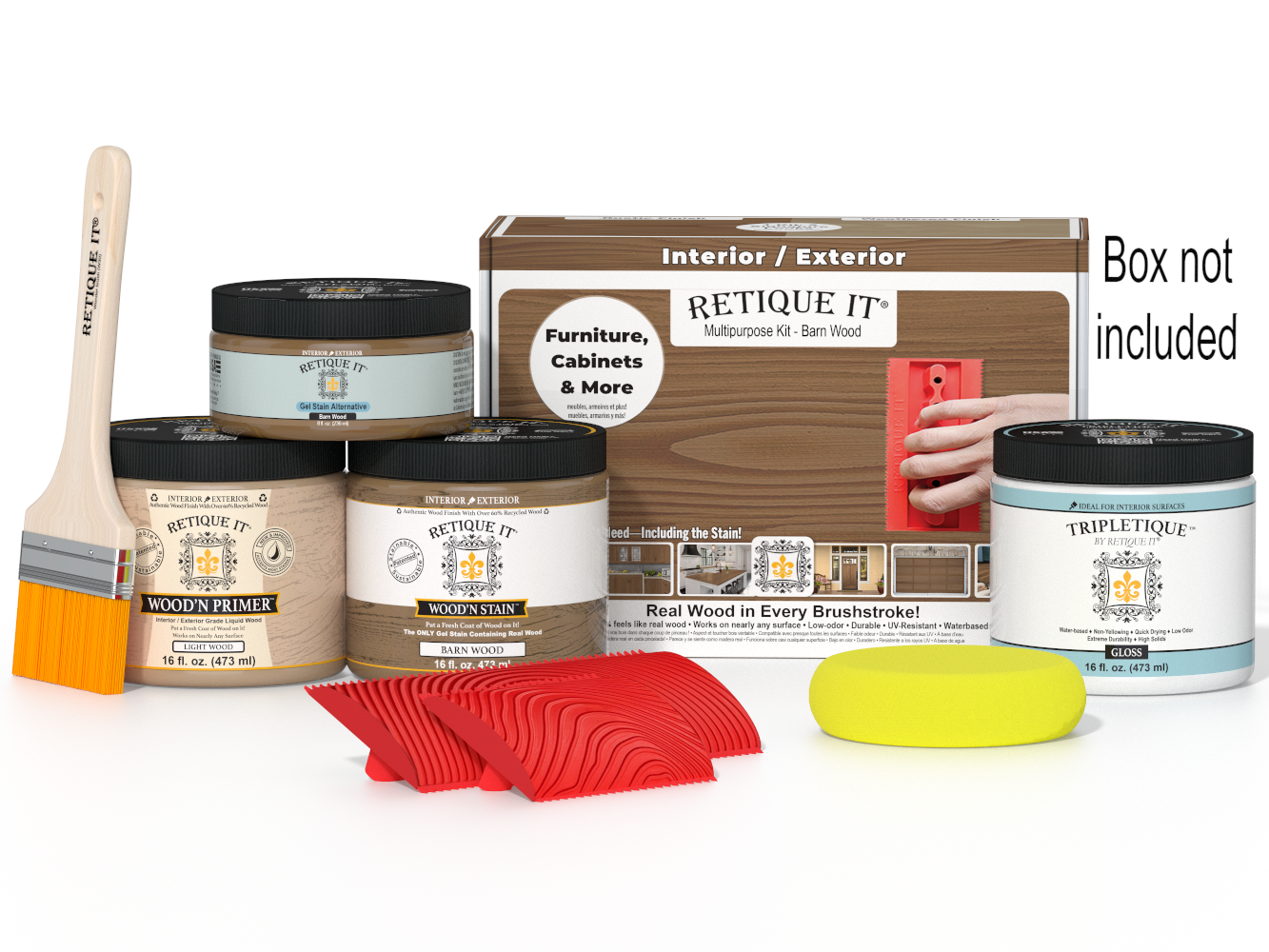 Painting supplies including paint cans, a brush, and a sanding block on a white background with 'Retique It' branding.