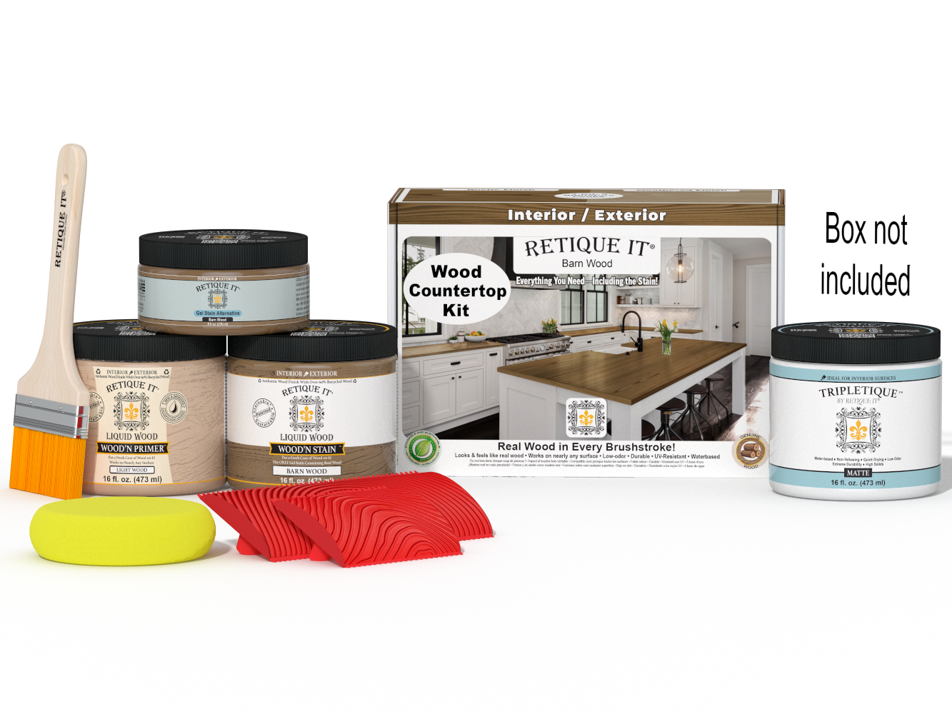 Retique It® barn wood stain kit for kitchen island countertops, includes staining supplies and sealed box, natural wood finish.