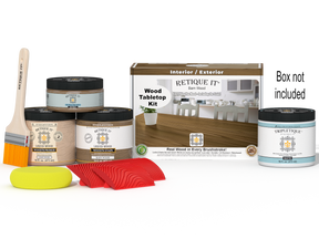 Retique It Wood'n Finish Kit for tabletops, barn wood stain, double size with stain bottles and finishing tools displayed.