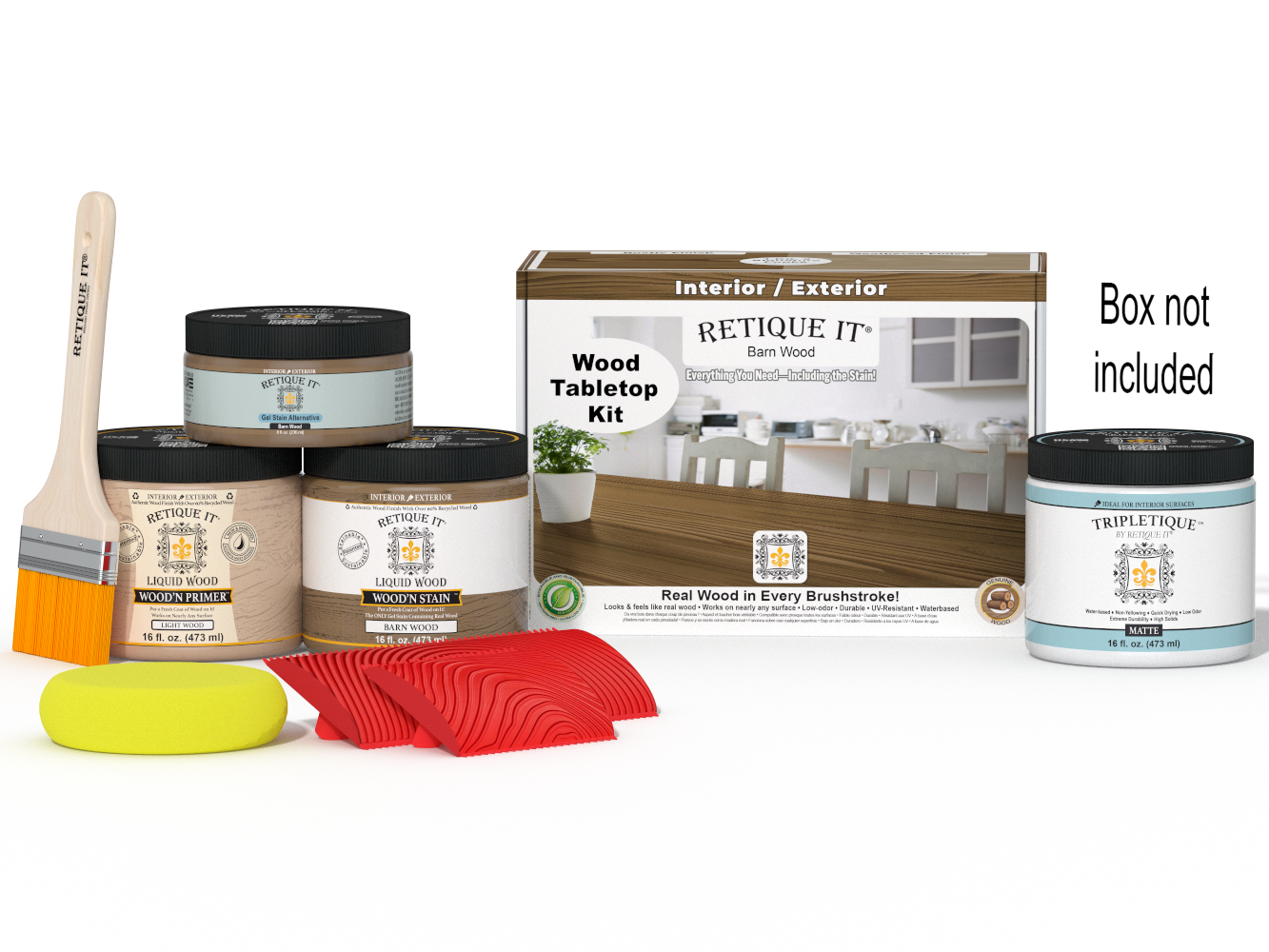 Retique It® Wood'n Finish Kit in Modern Walnut for tabletops, includes stain and finishing supplies for wood furniture.